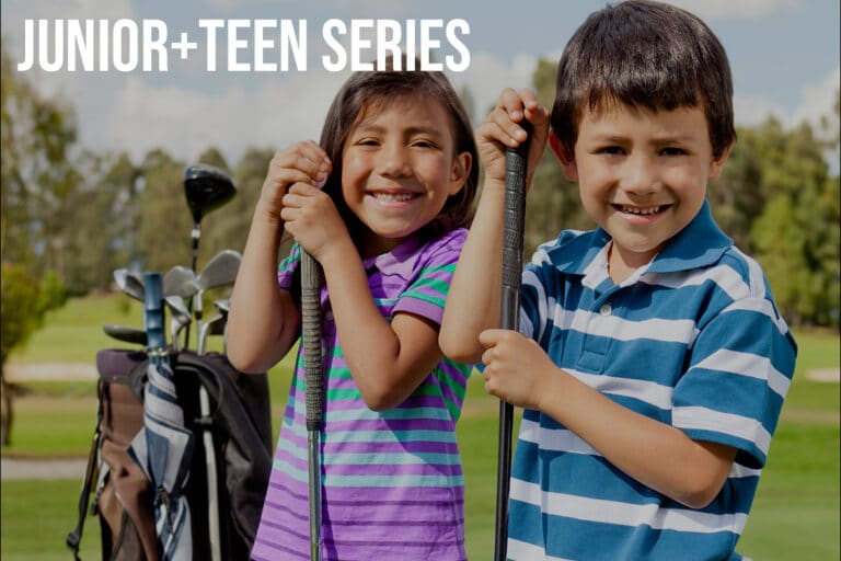 Two excited young golfers standing beside full-size golf bag, showcasing enthusiasm for junior golf development program